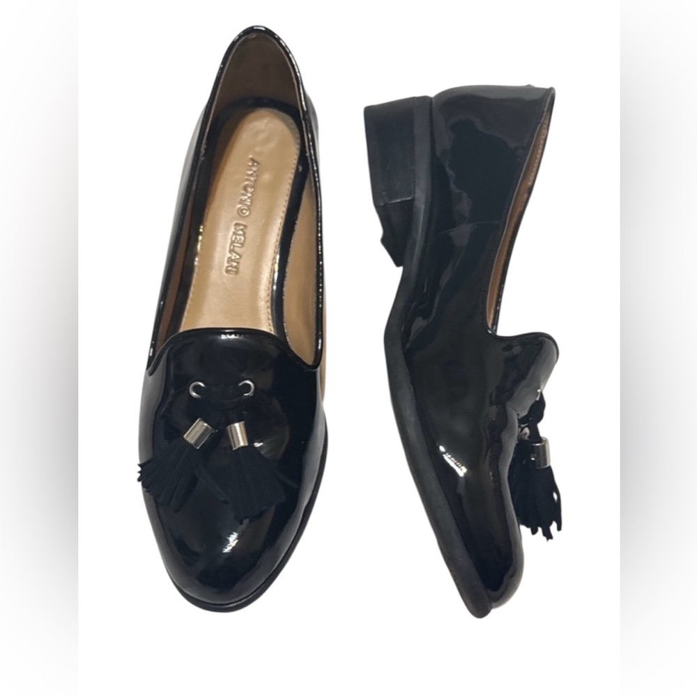 Antonio Melani Cleve  black patent leather slip in  shoes with tassels